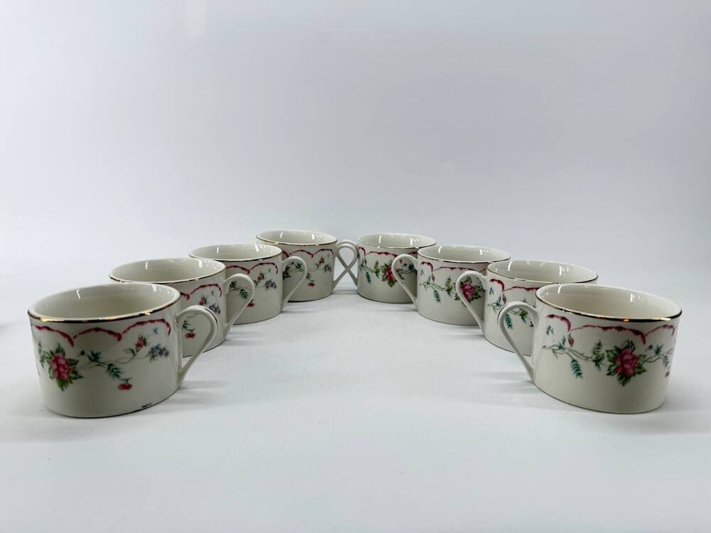 Tabletops Unlimited Floral Rose Coffee Tea Cups Gold Trim Set of 8 Made in China